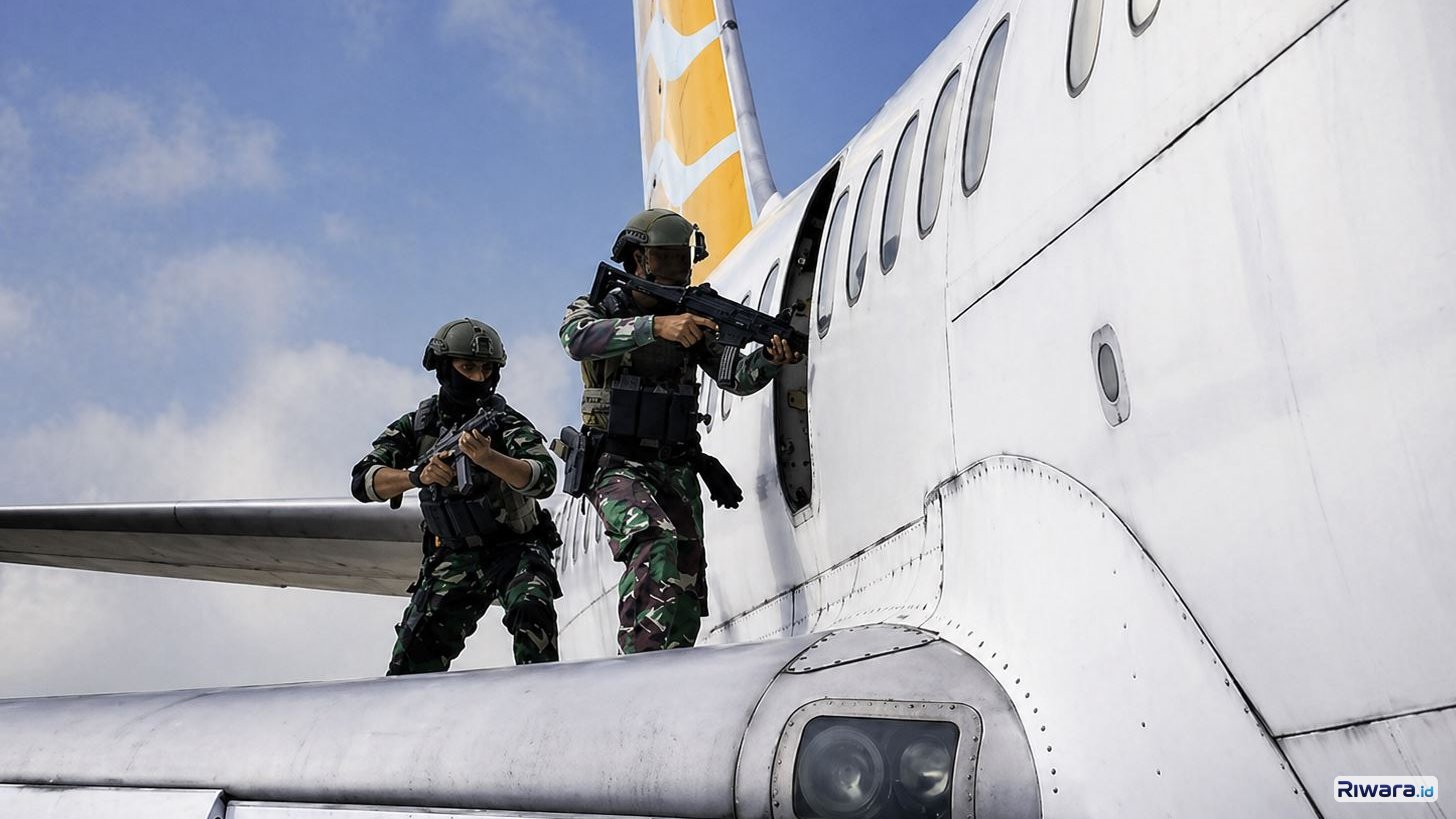 Dua prajurit Kopaska TNI AL menerobos masuk ke dalam pesawat untuk melawan teroris dalam sebuah latihan